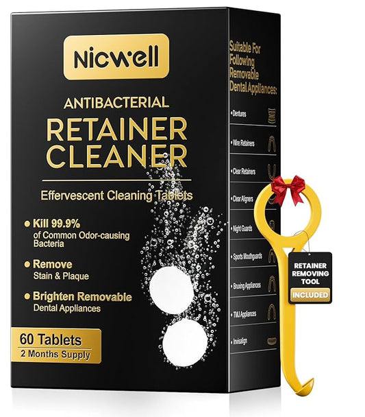 Nicwell Effervescent Retainer Cleaner Tablets: Kills 99.9% Odor-Causing Bacteria on Dentures & Orthodontic Appliances 60pcs Travel Friendly White
