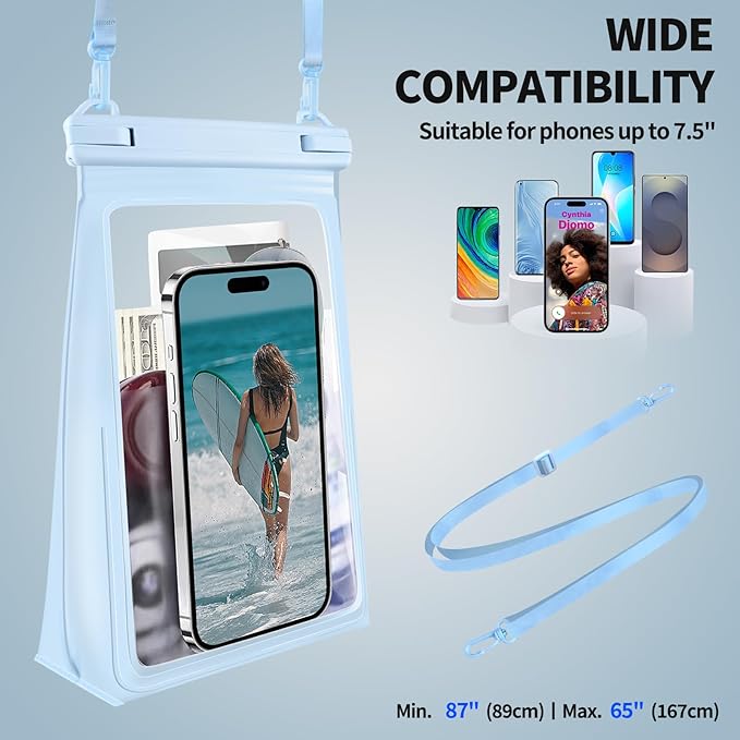 Large Waterproof Phone Pouch Floating, [Double Seals] IPX8 Waterproof Pouch for Beach Vacation, Cell Phone Dry Bag for iPhone Samsung Google All Phones Light Blue-StrideForce Fitness