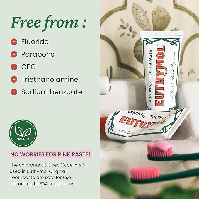 EUTHYMOL Original Pink Toothpaste (3.7fl oz/Pack of 1) - Fluoride-Free Toothpaste for Sensitive Teeth & Gum. Bad Breath, Cavity Prevention, 12-Hour Long Lasting Freshness with Wintergreen