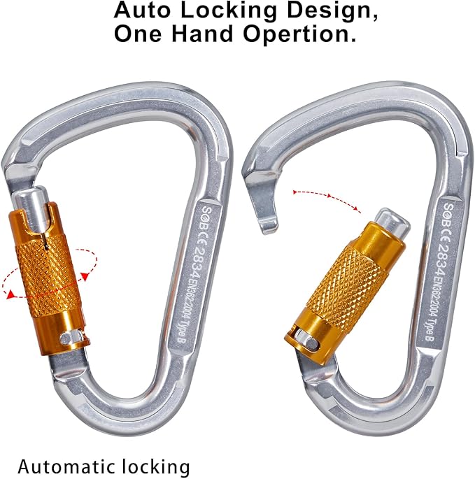 Auto Locking Rock Climbing Carabiner Clips, Heavy Duty Asymmetrical Carabiner Connector Used for Rappelling Rescue Outdoor Climbing, Mountaineer, Hammock, Camping-StrideForce Fitness