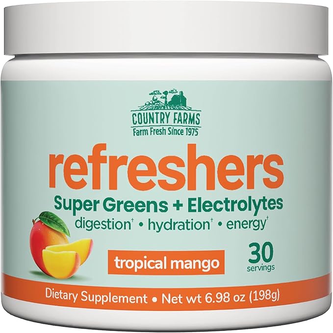 COUNTRY FARMS Refreshers, Super Greens and Electrolytes, Essential Minerals and Superfoods, Hydration Support, Promotes Natural Energy, with Fiber, Tropical Mango, 30 Servings-StrideForce Fitness