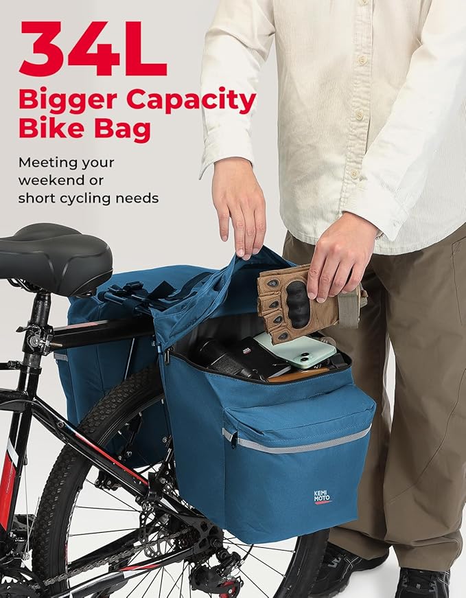 KEMIMOTO Bike Bag Panniers with Rain Cover, 34L Waterproof Bicycle Saddle Bag for Rear Rack Mountain Biking Bags Storage, Ebike Accessories for Commuter Grocery Shopping Travel Carrier, Blue-StrideForce Fitness