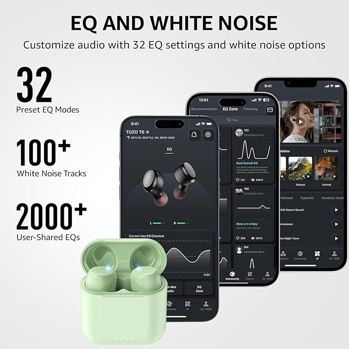 TOZO T6 Wireless Earbuds, IPX8 Waterproof Ear Buds, Stereo Bass Sound Bluetooth 5.3 Headphones in Ear, 50 Hours Playtime Earphones, Wireless Charging Case, Custom 32 EQ via APP-StrideForce Fitness