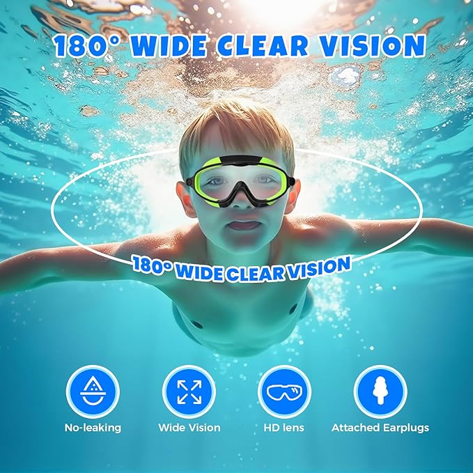 Swim Goggles for Kids 3-15 with Earplugs Large Frame Anti-Fog/UV Swimming Goggles for Boys Girls Toddler 2PCS-StrideForce Fitness