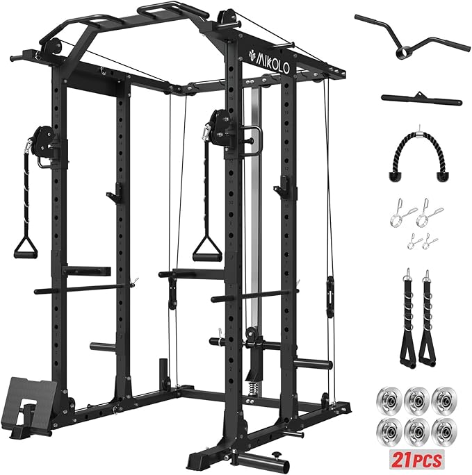 Mikolo Power Cage, Power Rack with Cable Crossover System, 1500LBS Squat Rack with LAT Pull Down System, Workout Cage with Pulley System for Fitness Home Gym-StrideForce Fitness