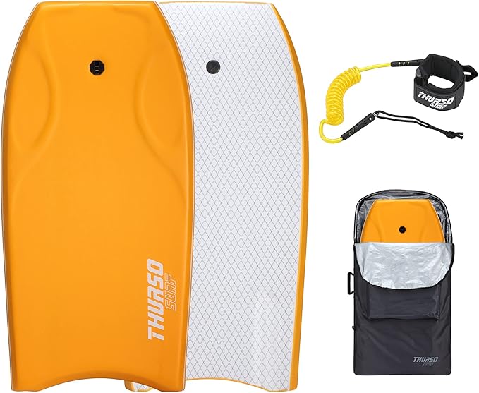 THURSO SURF 42'' Body Boards for Beach Pool Lightweight PE Core IXPE Deck HDPE Bottom FRP Stringers High Performance Body Board with Double Swivel Surf Leash and Bodyboard Bag Lightning-StrideForce Fitness