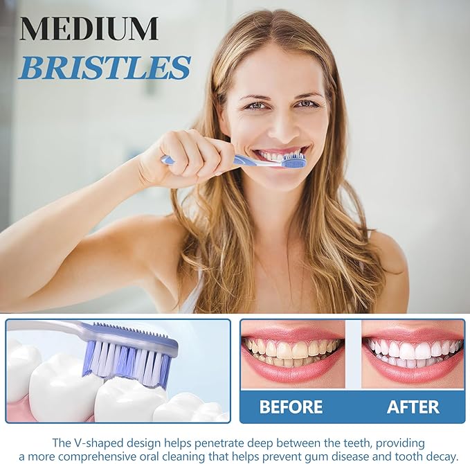 Medium Toothbrushes for Adults | Medium Bristles Toothbrush with Tongue Scraper & Ergonomic Handle, Travel Toothbrushes BPA-Free, Adult Toothbrush Pack, Assorted Colors, Pack of 6