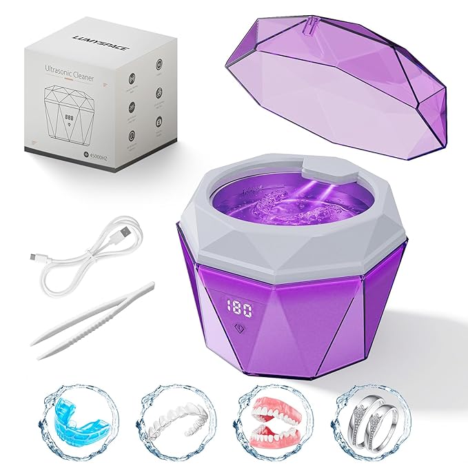 Rechargeable Ultrasonic Cleaner with 2*2000mAh Battery, 18±3W Denture Cleaner Machine| 43±5KHz Sonic, Digital Timer, U-V-C Light, Dental Retainer Cleaning Pod for Invisalign Mouthguard Braces Jewelry