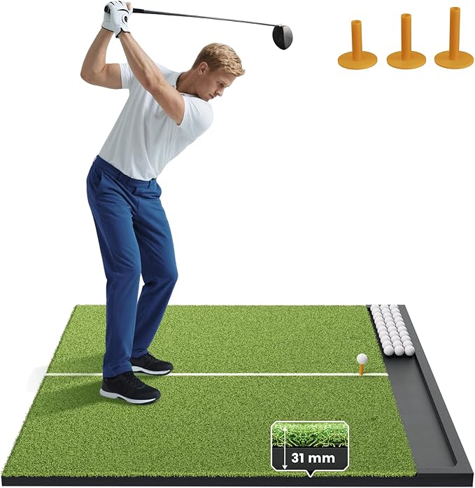 Golf Hitting Mat with Ball Tray, 5x4 & 6x4 ft, 26mm/31mm Thick, Standard & Alignment Line Options, Premium Golf Practice Mat for Indoor Outdoor Swing & Chipping-StrideForce Fitness