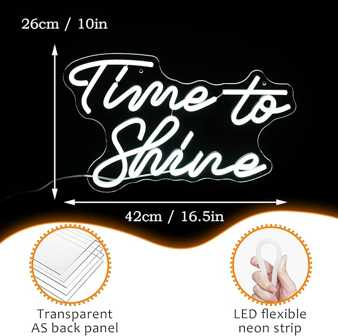 Time To Shine Neon Sign White Led Sign Time To Shine Neon Lights Decor for Lover Dimmable Letter Neon Wall Signs USB Powered with Switch Neon Signs for Wall Decor Party Wedding（16.5’’X10.2’’）-StrideForce Fitness