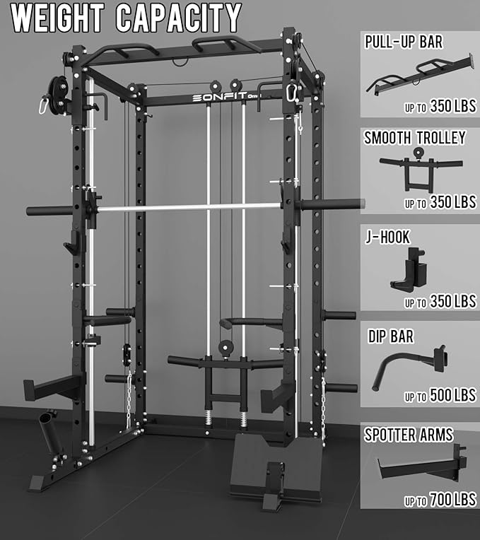 Eonfit E3 Smith Machine with 360°Rotating Arm for Home Gym Equipment, Multi-Function Power Cage Squat Rack with Cable Crossover LAT Pulldown Pulley System All in One-StrideForce Fitness