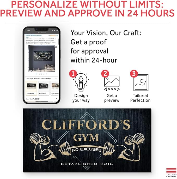 Tailored Canvases Personalized Gym Sign Wall Art Decor - Motivational Canvas for Home Gym, Workout Room, Garage, Fitness Center - Workout Inspirational Posters - Gym Name on Charcoal Background, 48x24in-StrideForce Fitness