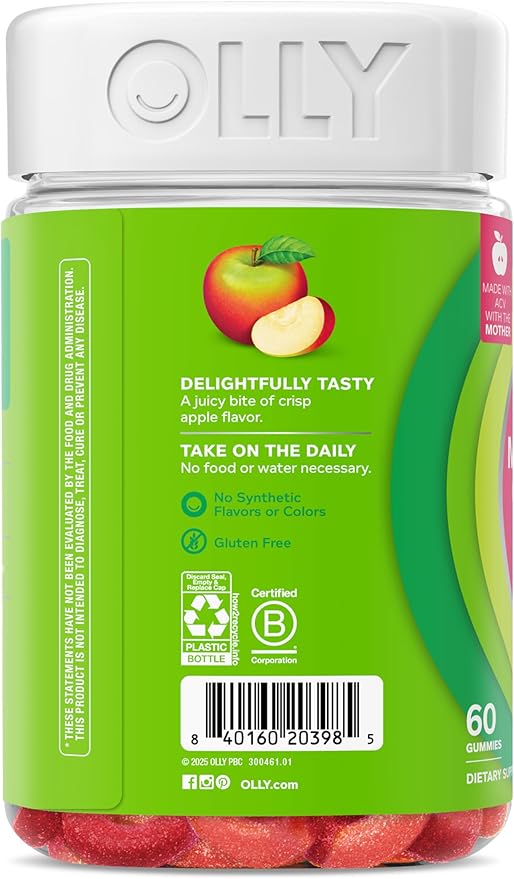 OLLY Metabolism Gummy Rings, Metabolism and Cellular Energy Chewable Supplement,* Apple Cider Vinegar, Vitamin B12, Chromium Picolinate, Apple Flavored, 60 Day Supply - 60 Count-StrideForce Fitness