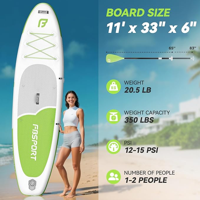 FBSPORT 11FT Premium Inflatable Stand Up Paddle Board with Electric Pump, Yoga Board with SUP Accessories & Carry Bag | Wide Stance, Surf Control, Non-Slip Deck, Leash and Paddle for Youth & Adult-StrideForce Fitness