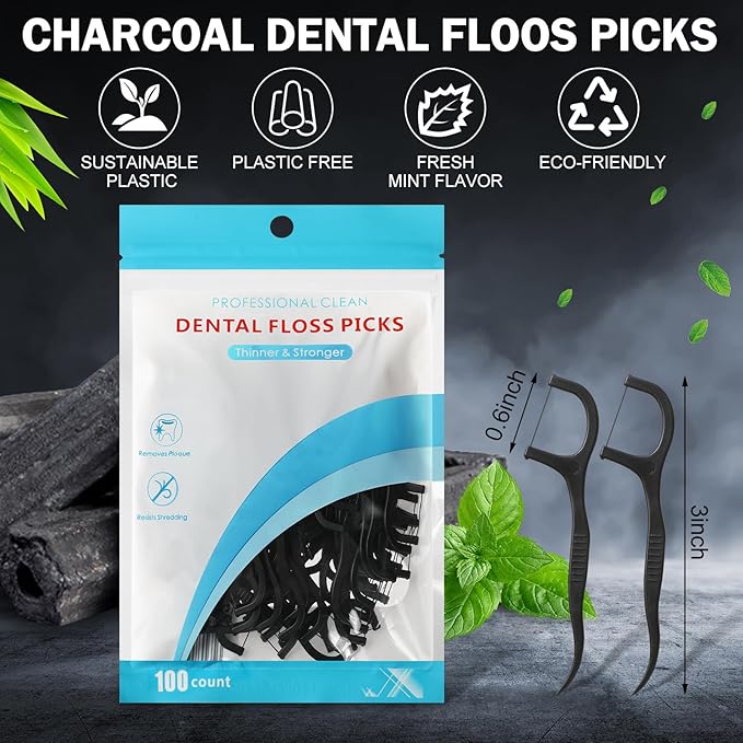 Maxcheck 2000 Count Floss Picks Bulk Natural Dental Floss Picks Toothpicks Sticks High Pull Tooth Flosser Sustainable for Teeth(Black)