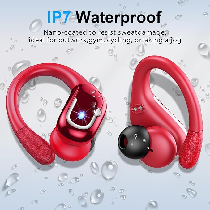Ltinist Wireless Earbud, Bluetooh 5.4 Headphones Pure Bass Sound with Earhooks, 75H Battery in-Ear Sport Earbud with Dual-LED Display, IP7 Waterproof Earphones Built-in Microphone for Running, Red-StrideForce Fitness