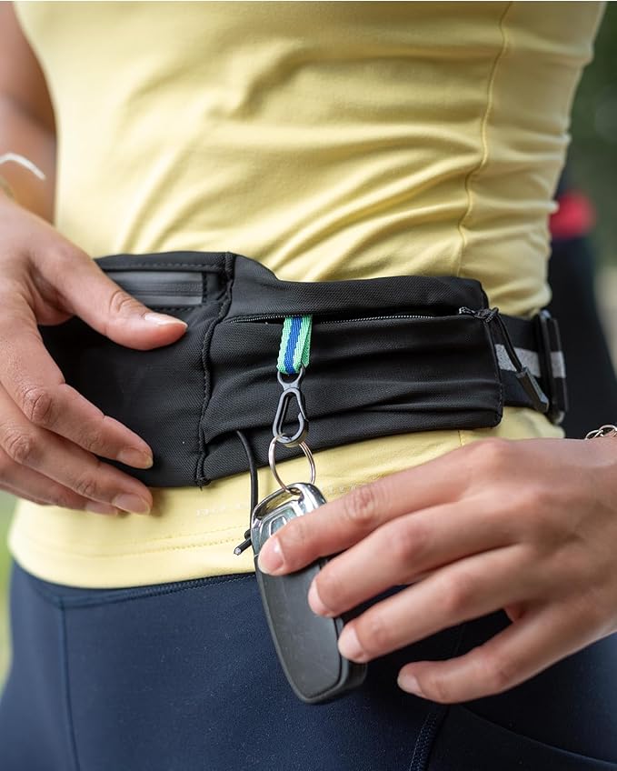 WATERFLY Running Belt Fanny Pack: Breathable 3 Pocket Waist Bag for Men Women Workout Exercise Fitness Phone Holder Fits ALL Phones - Runner Marathon Jogging Race Belt With Bib Clip Black-StrideForce Fitness