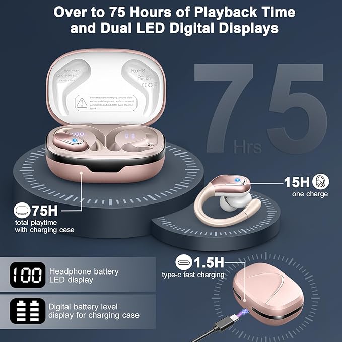 Wireless Earbud, 75H Bluetooth 5.4 Headphones Sport IP7 Waterproof, Running Wireless Earphones with ENC Noise Canceling Mic, 3D Bass Over Ear bud with Earhooks for Android, iOS, Workout, Gym, Rosegold-StrideForce Fitness