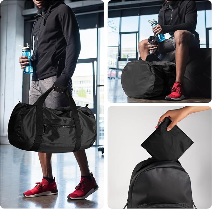 pack all 45L Foldable Duffel Bag, Water-Resistant Sports Gym Bag, Portable Weekender Bag Lightweight for Travel, Fitness and Camping (Black)-StrideForce Fitness