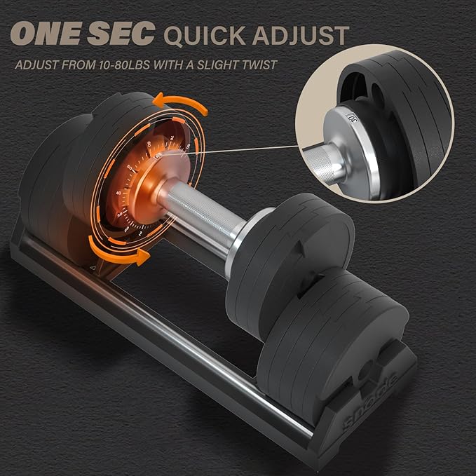 SNODE AD80 Drop Proof 80 lbs Adjustable Dumbbell Set -Adjustable Weights with Cast Iron Plates and Cradle, Knurled Handle, Fast Adjust, Compact Home Gym Equipment for Bench & Press-StrideForce Fitness