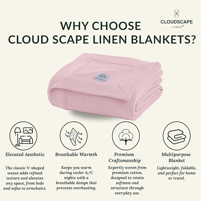 Cloud Scape Linen Herringbone Cotton Twin Blanket for Couch, Bed,Sofa, Home Decor, Soft, Lightweight, All-Season Bed Blanket, 68 x92, Seashell Pink-StrideForce Fitness