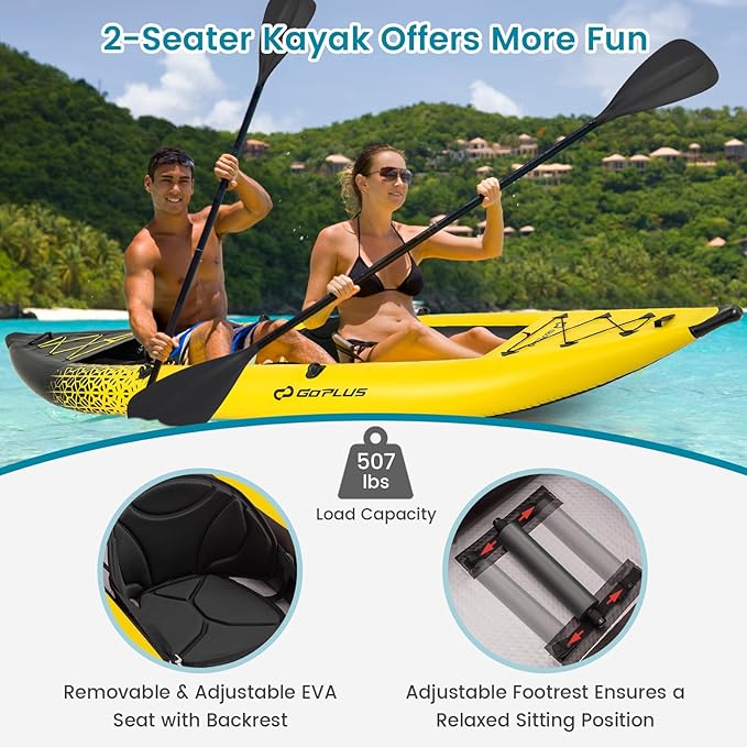Goplus Inflatable Kayak, 2-Person Kayak Set for Adults with 507 LBS Weight Capacity, 2 Aluminium Oars, EVA Padded Seat, 2 Fins, Hand Pump, Carry Bag, Repair Kit, Portable Touring Kayaks-StrideForce Fitness