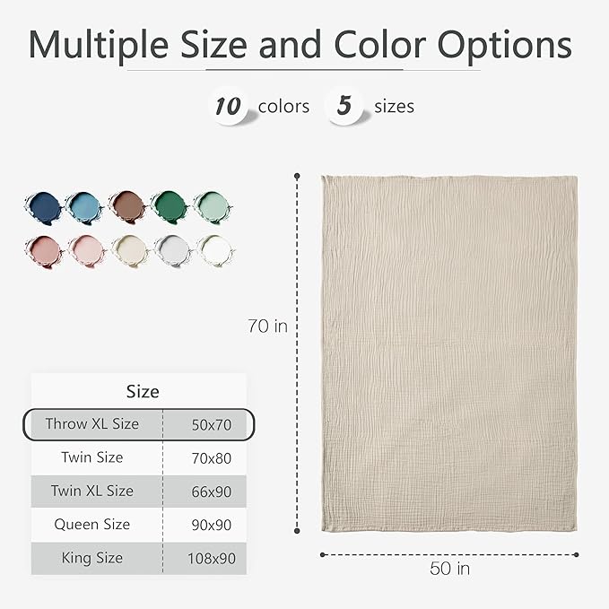 Carriediosa 100% Cotton Muslin Throw Blanket 50" X 70" Throw XL Size，4-Layers Summer Gauze Throws for Bed Couch，Soft Lightweight Breathable Linen Blankets Bedspread for Adults All Season，Khaki-StrideForce Fitness