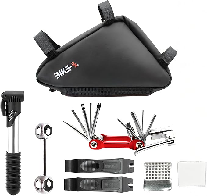 Bike Repair Kit Tool Bag – 16-in-1 Multitool, 120PSI Mini Pump, Tire Levers, Patches, Saddle Bag for Road, Mountain, and E-Bikes, Portable Tool Kit for Emergencies & Repairs-StrideForce Fitness