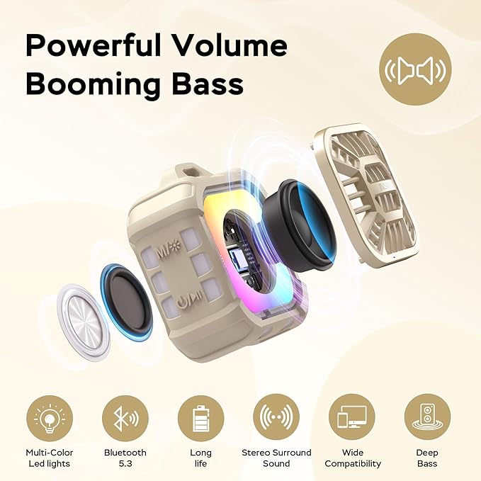 INSMY Shower Bluetooth Speaker, IP67 Waterproof Portable Small Multi Sync 100+ Speakers, Big Volume Booming Bass, 24H Playtime/Floatable/RGB Lights for Outdoor/Kayak/Beach/Golf (Khaki)-StrideForce Fitness