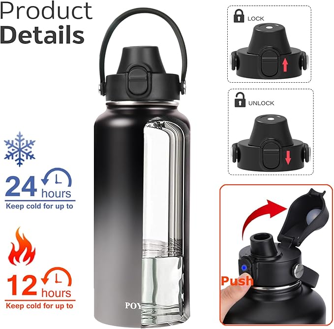 Water Bottle Insulated 32oz 40oz 64oz 128oz Straw Lid Spout Lid & 3 Lids, Leak Proof, Vacuum Insulated,Stainless Steel Water Bottle Wide Mouth for Sports, Gym or Office-StrideForce Fitness