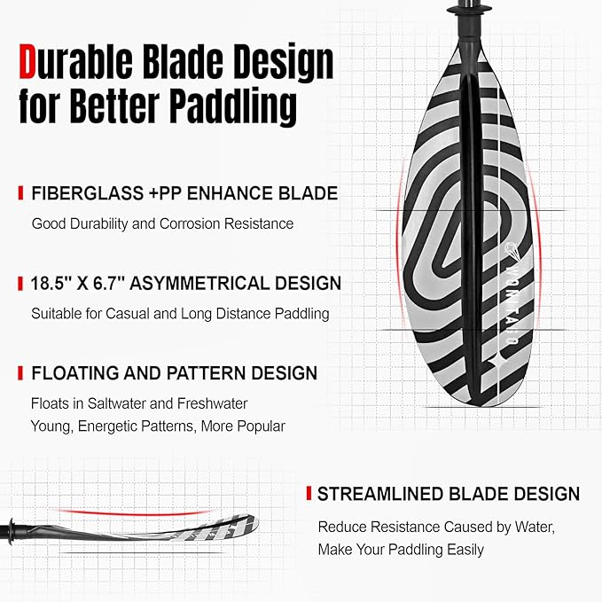 Kayak Paddles with Fiberglass Shaft and Reinforced PP Blade, Floating Adjustable Kayaking Oars, 3 Piece, 220-240 cm/86-94 Inches, 240-260 cm/94-102 Inches-StrideForce Fitness