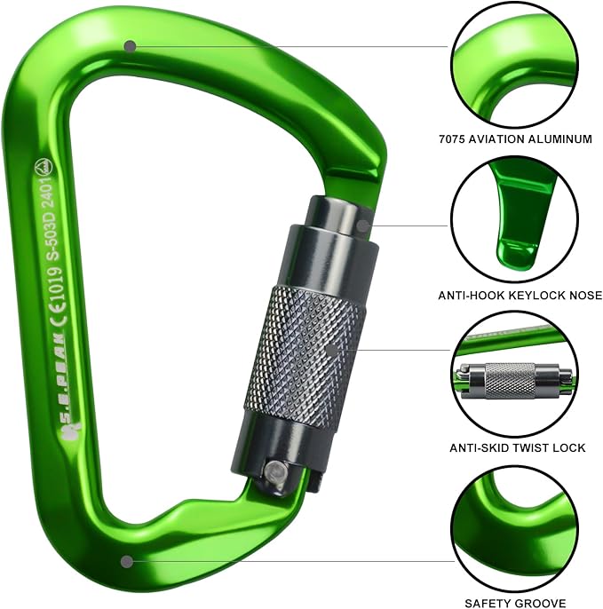 SEPEAK UIAA 30kN Climbing Carabiner Clips, Professional Heavy Duty Twist Locking Carabiners for Climbing,Mountaineering, Rappelling, Camping, Hiking, Swings, Large D Ring Hooks-StrideForce Fitness