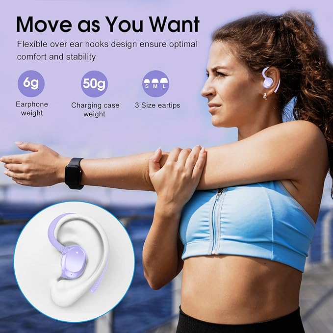 Wireless Earbuds, 2023 New Ultralight Sport Bluetooth 5.3 Headphones In Ear with LED Display, Built-in Mic Earphones, IPX7 Waterproof Wireless Headphones with Earhooks for Gym Workout (Purple)-StrideForce Fitness