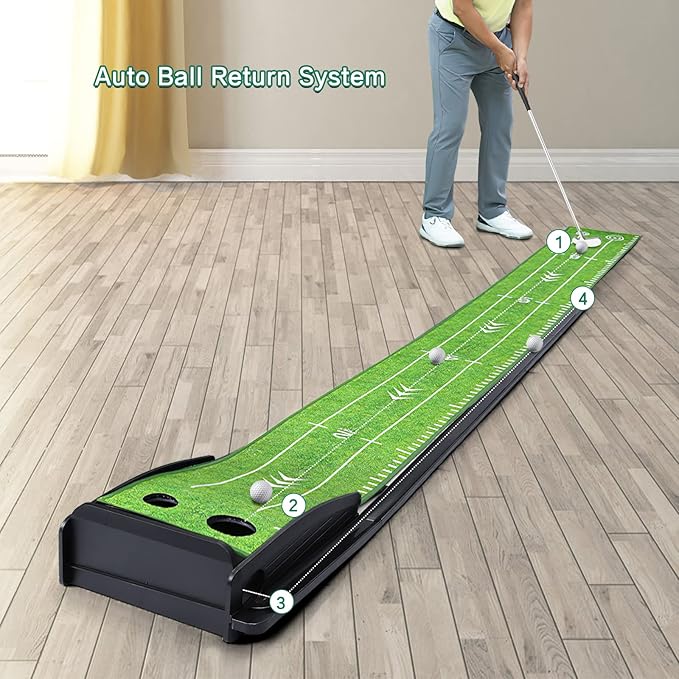 Golf Putting Green Mat with Putter and 6 Balls, Putting Practice Mat with Auto Ball Return for Home, Office, Backyard, Indoor, Outdoor Use-StrideForce Fitness