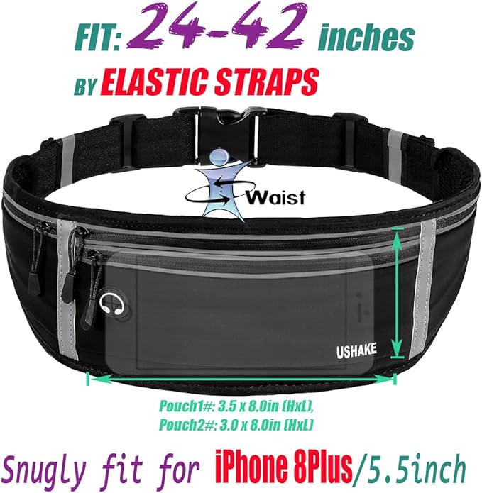 USHAKE Slim Running Belt, Workout Fanny Pack for Men Women,Exercise Waist Pack for Apple iPhone Holder, Runner Belt for Running Walking Cycling Camping Gym-StrideForce Fitness