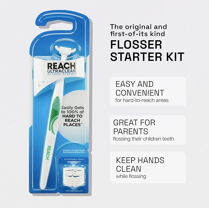 REACH Ultraclean Access Flosser Starter Kit, Unflavored, Plaque Remover for Teeth, for Hard to Reach Areas, Oral Care, PFAS Free, 1 Replaceable Flosser & 8 Refill Heads, 1 Pack