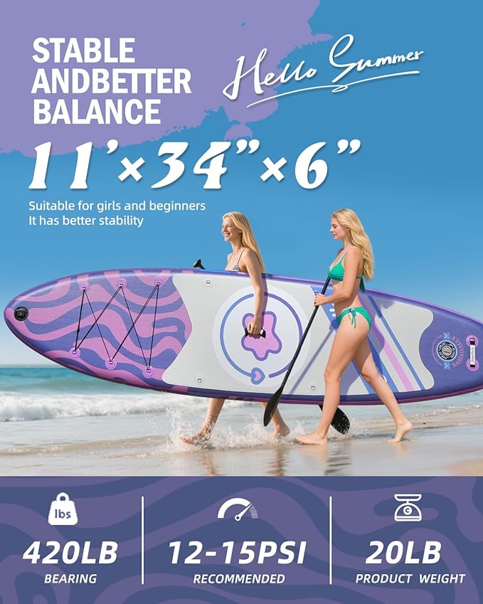 11'Stand Up Paddle Boards Surf Control with Premium SUP Board Accessories Backpack & Removable Fins, 34" Wide Inflatable Paddle Boards of All Skill Levels-StrideForce Fitness
