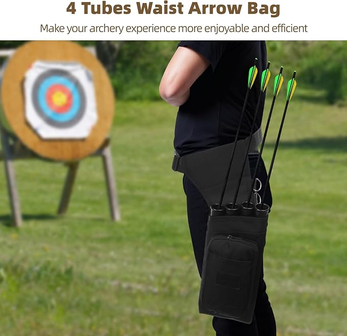 4 Tubes Hip Quiver, Nylon Fabric Waist Arrow Quiver with Pockets and Adjustable Strap for Archery Shooter, Outdoor Arrow Storage-StrideForce Fitness