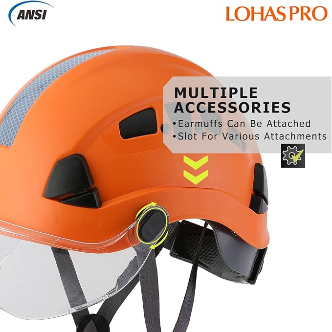 LOHASPRO Hard Hats Construction Safety Helmet with Visor ANSI Z89.1 Approved OSHA Hardhat, Vented Men Work Hard Hat with Chin Strap Tree Climbing Arborist Helmet (P4 Orange+Clear Visor)-StrideForce Fitness