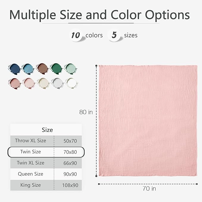 Carriediosa 100% Cotton Muslin Throw Blanket 70" X 80" Twin Size，4-Layers Summer Gauze Throws for Bed Couch，Soft Lightweight Breathable Linen Blankets Bedspread for Adults All Season，Dusty Pink-StrideForce Fitness