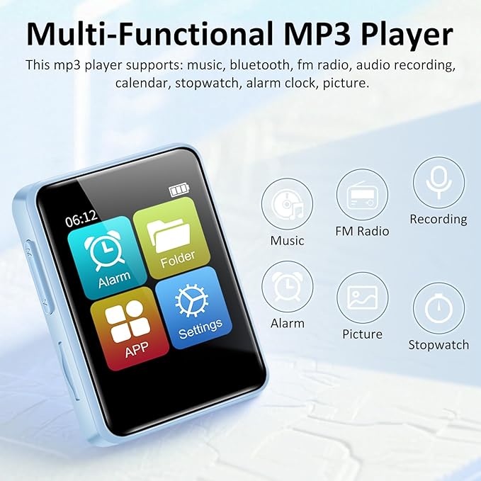 32GB MP3 Player for Kids, 1.8 inch Portable Small Music Bluetooth MP3 Player with Speaker, FM Radio, Voice Recorder, Alarm Clock, Stopwatch, Up to 512GB(Blue)-StrideForce Fitness