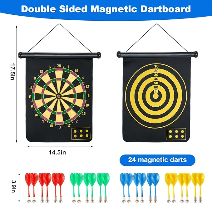 Magnetic Dart Board with 24pcs Darts,Indoor Outdoor Dart Game for Kids and Adults，2in1 Rollup Safe Dart Flights Toys Set for 3-12 Year Old Boys Girls Christmas Birthday Gifts-StrideForce Fitness