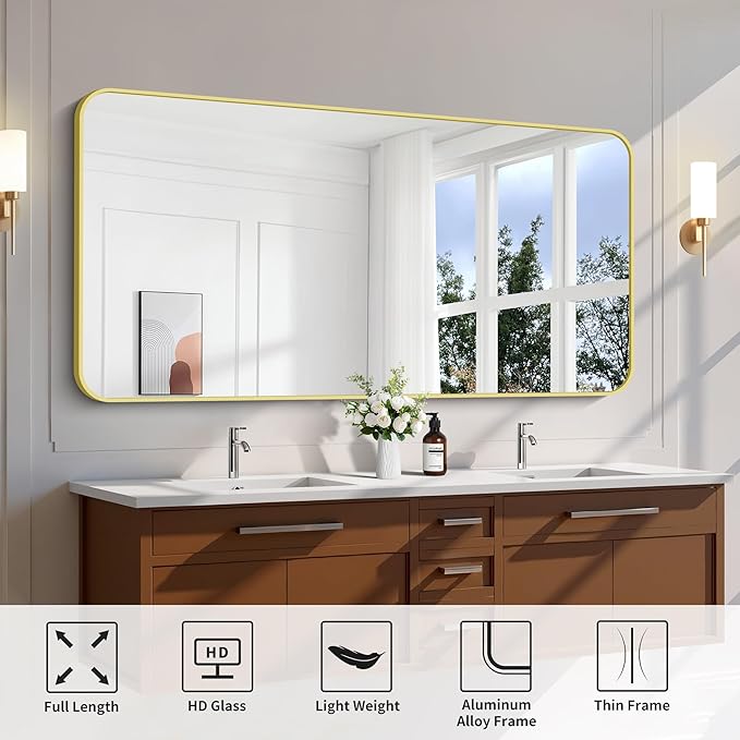 FORBATH 30x60 Inch Gold Bathroom Mirror for Over Sink, Large Rectangular Wall Mirror with Metal Frame, Rounded Corners for Bathroom, Bedroom, Entryway Decor (Horizontal or Vertical)-StrideForce Fitness