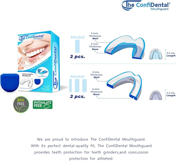 The ConfiDental - Pack of 4 Moldable Mouth Guard for Teeth Grinding Clenching Bruxism, Sport Athletic, Whitening Tray, Including 2 Regular and 2 Heavy Duty Guard (2 (LLL) Regular 2 (II) Heavy Duty)