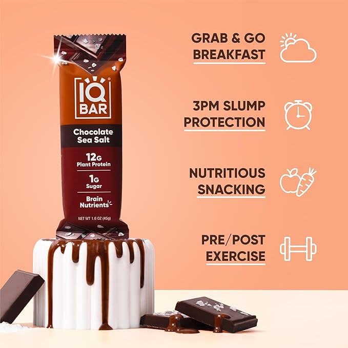 IQBAR Brain and Body Plant Protein Bars - Chocolate Sea Salt - 24-Count Low Carb - Gluten Free, High Fiber, Vegan Snacks - Low Sugar Meal Replacement-StrideForce Fitness