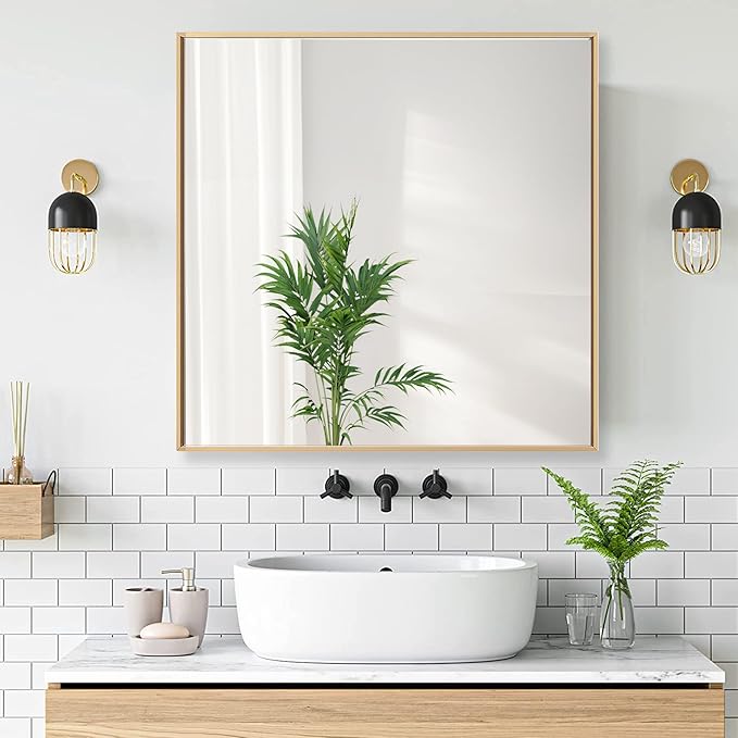 30x30 Inch Orange Gold Bathroom Mirror for Wall, Aluminum Frame Rectangle Rectangular Vanity Mirror, Modern Large for Bedroom, Living Room, Horizontal or Vertical-StrideForce Fitness