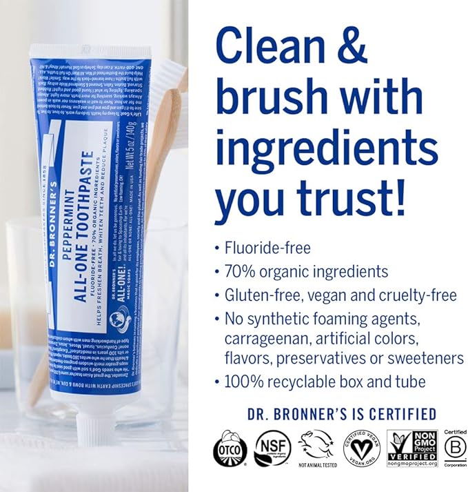 Dr. Bronner's All-One Toothpaste 4-Pack Variety– (Peppermint, Spearmint, Cinnamon, Anise, 5oz Each)– 70% Organic Ingridients, SLS Free Toothpaste, Fluoride Free, Natural, Vegan, for Sensitive Teeth