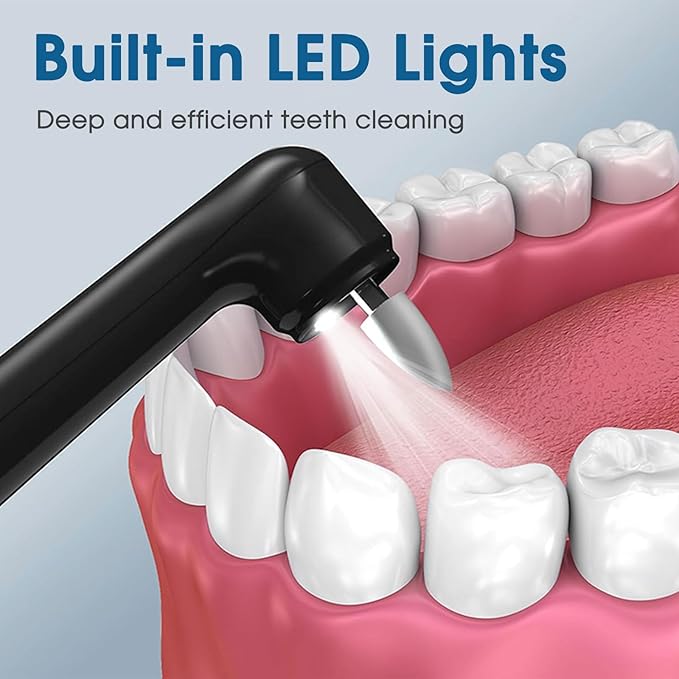 Plaque for Teeth Whitening Tools Electric Tartar Polishing Cleaning Kit with LED Light 5 Speed Modes with 5 Replacement Brush Heads (Black)