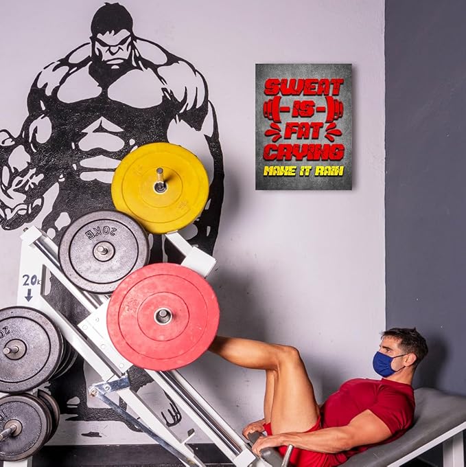 Gym Quotes Wall Art,Inspirational Workout Wall Decor,Sweat is Fat Crying Canvas Wall Art for Home Gym Exercise Fitness Room-StrideForce Fitness