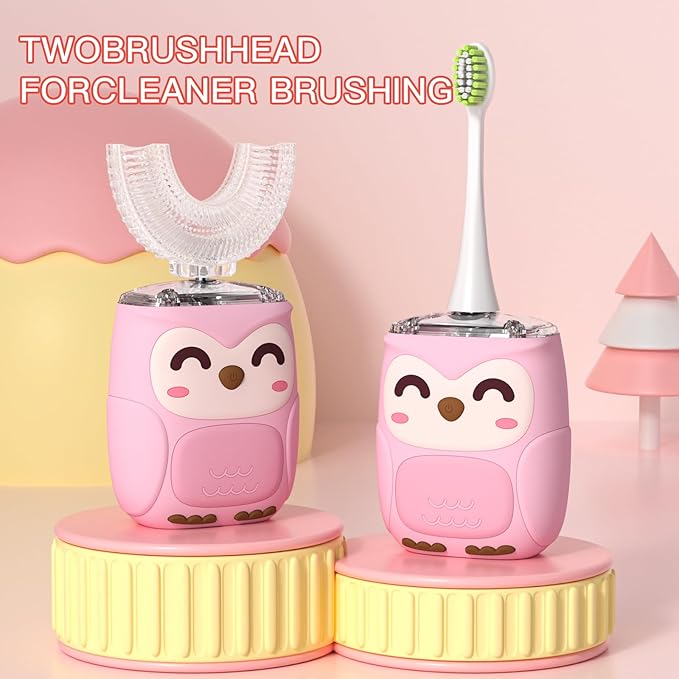 Kids Electric U Shaped Toothbrush Kids Sonic Toothbrush with 4 Soft Brush Head Automatic Full Mouth 6 Cleaning Mode-(Age8-15 Pink)